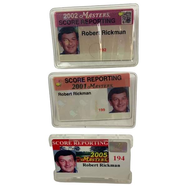Three (3) 2001, 2002 & 2005 Masters Score Reporting Badges Robert Rickman - Tiger Wins