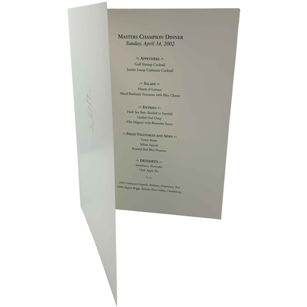 2002 Masters Champion Dinner Menu Augusta National Golf Club