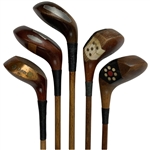 Five Vintage Fancy Face Hickory Shafted Wooden Golf Clubs