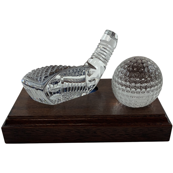 Waterford Crystal Golf Ball and Club Head on Wooden Base
