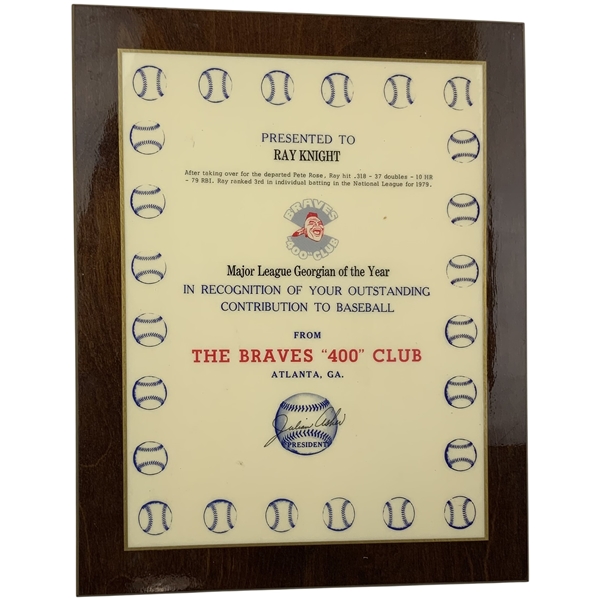 Ray Knights Major League Georgian of the Year Plaque from 400 Club