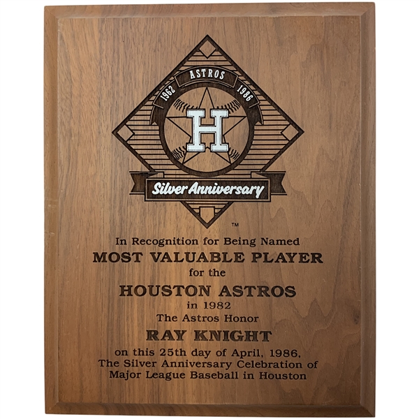 Ray Knights 1986 25th Anniversary. Houston Astros Award as 1982 Team MVP Plaque