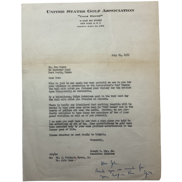 Dey, Jr., Joseph C. TLS on USGA Letterhead to Ben Hogan regarding 1953 Victory Balls. 1953