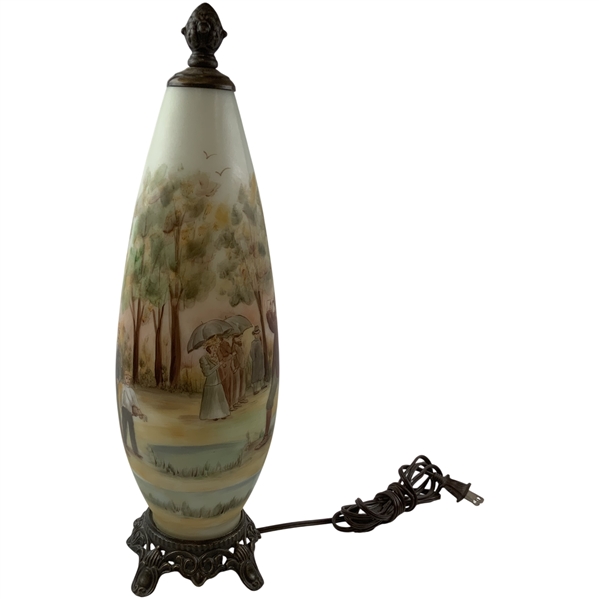 c.1928 Hand-Painted Frosted Glass Golf Theme Table Lamp Signed by Artist T May