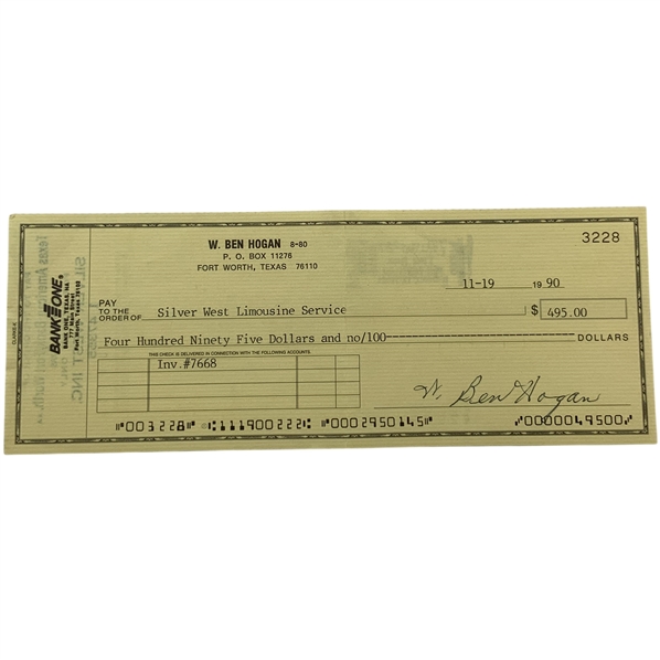 Ben Hogan Signed Personal Bank Check Dated November 19 1990 JSA ALOA