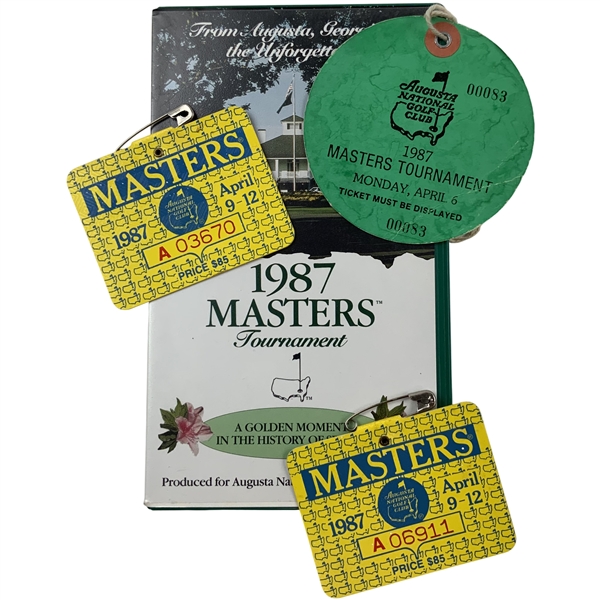 A Collection of 1987 Masters Tournament Memorabilia Including Spectator Badges, Practice Round Ticket, and Commemorative VHS