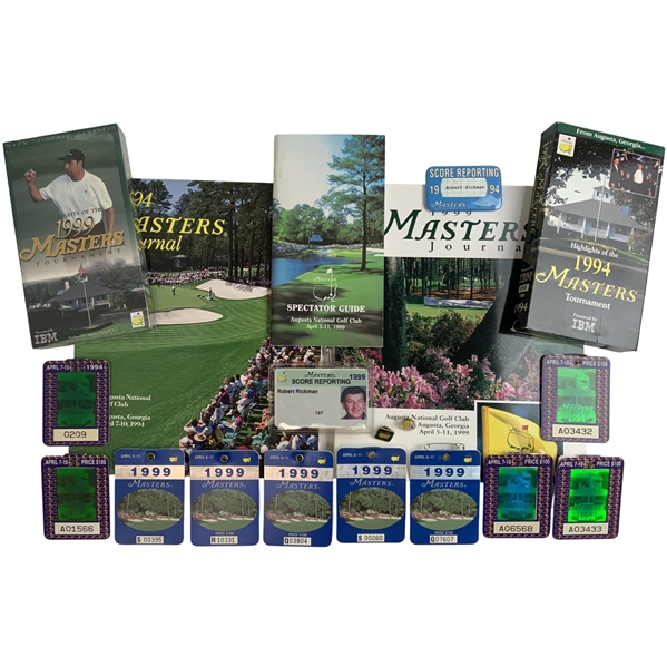 A Collection of 1994 and 1999 Masters Tournament Memorabilia Including Tournament Badges, Journals, and Highlights Videos