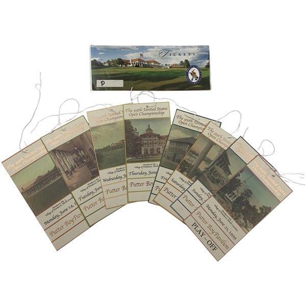A Collection of 1999 U.S. Open Putter Boy Pavilion Weekly Grounds Badges and Ticket Holder