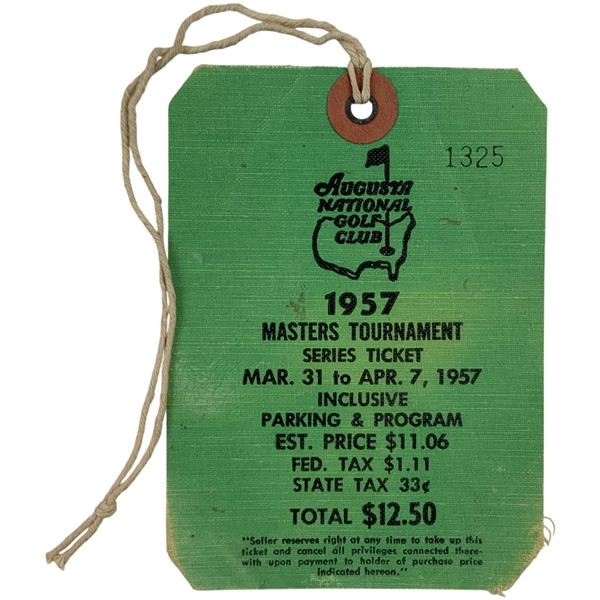 1957 Masters Tournament SERIES Badge #1325 with Original String - Doug Ford Winner