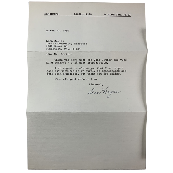 Ben Hogan Signed Letter 1992 March to Leon Moritz JSA ALOA