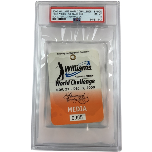 2000 Williams World Challenge Media Credential Badge PSA 8 Tiger Woods Hosted