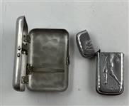 Matching Cigarette and Match Cases with Embossed Golfer on Lid