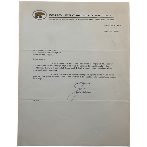 Jack Nicklaus Signed Letter on His Business Letterhead JSA ALOA