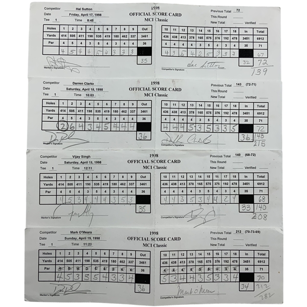 Sutton, Singh, OMeara & Five Others Signed 1998 MCI Classic Official Tournament Used Golf Scorecards
