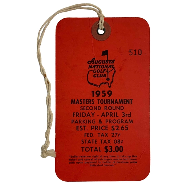 1959 Masters Tournament 2nd Rd Ticket #510 w/ Original String - Jack Nicklaus Masters Debut