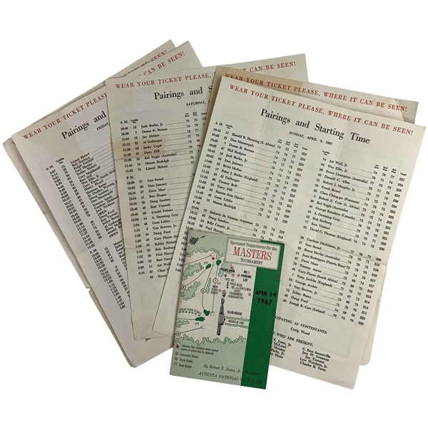 A Collection of Five 1967 Masters Tournament Memorabilia Items Including Pairing Sheets and Spectator Guide