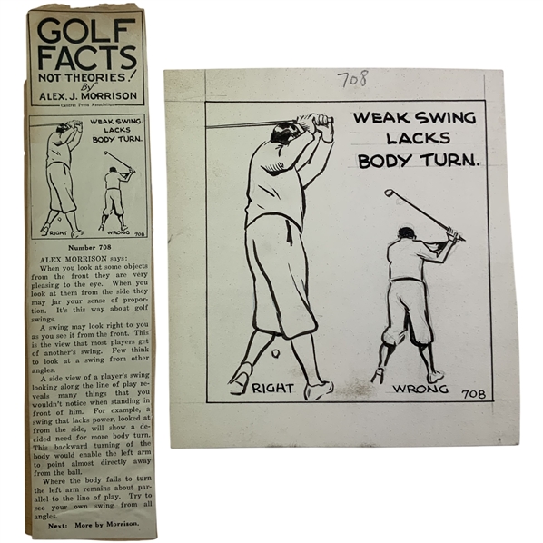 Alex J. Morrison Original Golf Instructional Illustration and Corresponding Newspaper Clipping