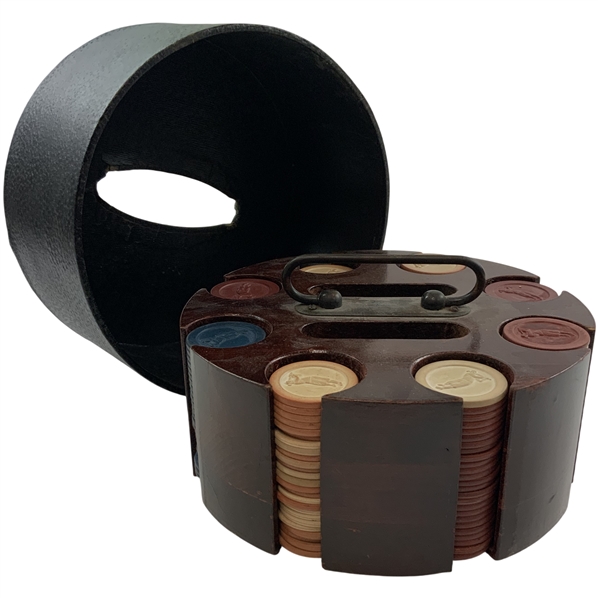 Vintage Art Deco Era Rotating Wooden Poker Chip Caddy with Golfing Motif Chips