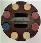 Vintage Art Deco Era Rotating Wooden Poker Chip Caddy with Golfing Motif Chips