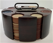 Vintage Art Deco Era Rotating Wooden Poker Chip Caddy with Golfing Motif Chips