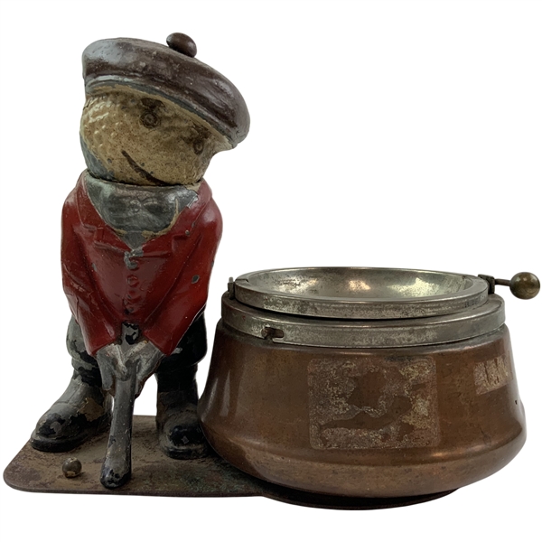 Vintage Painted Cast Metal and Copper-Plated Golfer Silent Butler Ashtray, Attributed to Dunlop