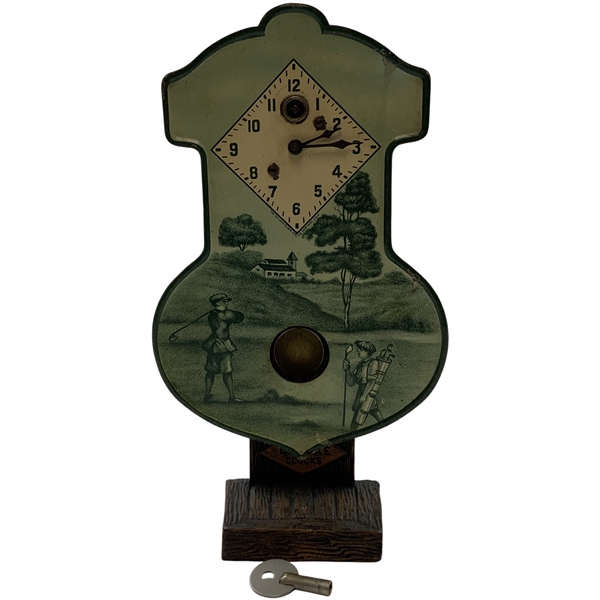 Lux Clock Manufacturing Company Golf Theme Lithographed Tin Pendulum Clock and Stand