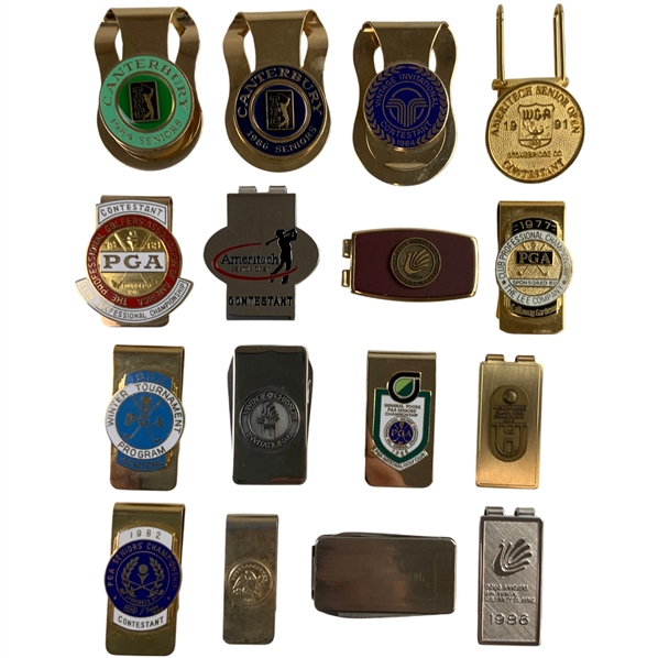 A Collection of Sixteen Vintage Golf Tournament Contestant Money Clips and Accessories, 1958-1991