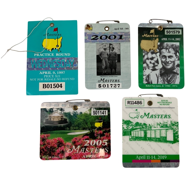 A Collection of Five Tournament Badges and Tickets Representing Each Of Tiger Woods Career Masters Wins