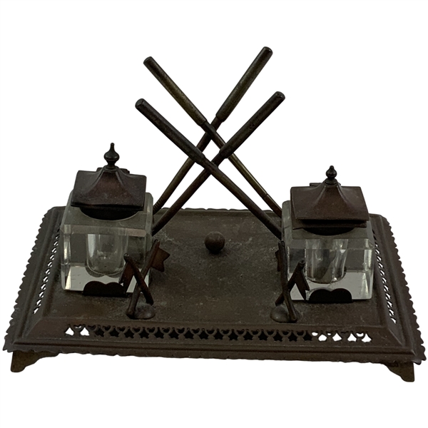 Victorian Style Cast Metal Golf-Themed Double Inkwell and Pen Stand