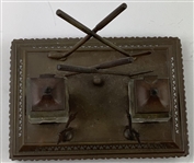 Victorian Style Cast Metal Golf-Themed Double Inkwell and Pen Stand