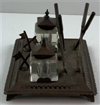 Victorian Style Cast Metal Golf-Themed Double Inkwell and Pen Stand