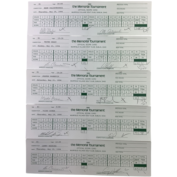 Five 1994 Memorial Tournament Official Scorecards W/ Calcavecchia, Singh, Lanny Wadkins