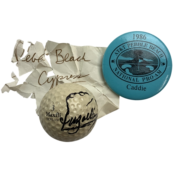 Fuzzy Zoellers Winning Signed 1986 Pebble Beach Pro-Am Tournament Used Golf Ball from Caddie w/ Badge JSA ALOA