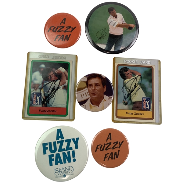 Fuzzy Zoeller Signed 1981 & 1982 Donruss, A Fuzzy Fan & Other Buttons - Mazzeo Collection JSA ALOA