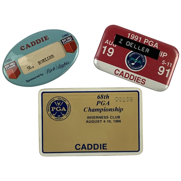 1986 & 1991 PGA Championship & 1980 Bay Hill Classic Fuzzy Zoeller Tour Caddie Badges Includ. Dalys Win - Mazzeo Collection
