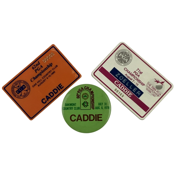 1978, 1980 & 1989 Fuzzy Zoeller PGA Championship Caddie Badges from Mazzeo Collection - Nicklaus & Stewart Wins