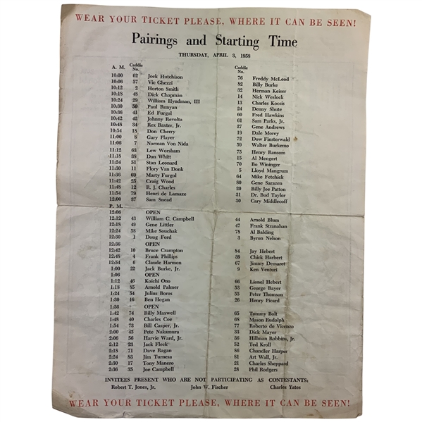 1958 Masters Tournament Thursday April 3 Pairings and Starting Time Sheet