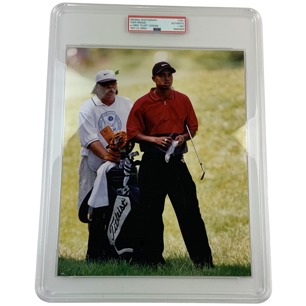 Tiger Woods and Mike "Fluff" Cowan 1997 US Open Type I Original Photograph PSA Authentic