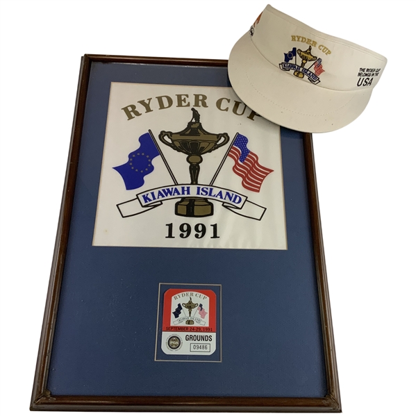 Two Pieces of 1991 Ryder Cup Kiawah Island Memorabilia Including Framed Ticket and Visor