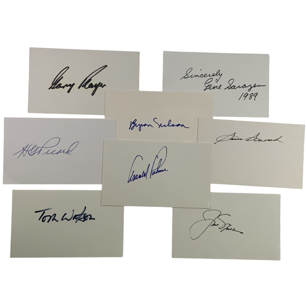 Eight Masters Champs W/Nicklaus, Palmer, Player, Picard, Snead Signed 3x5 Index Cards JSA ALOA
