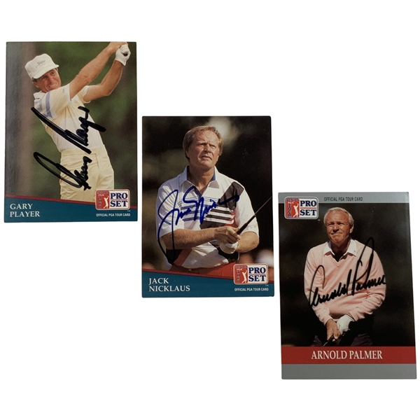 Arnold Palmer, Jack Nicklaus, and Gary Player Big 3 Signed 1990-1991 Pro Set Cards JSA ALOA