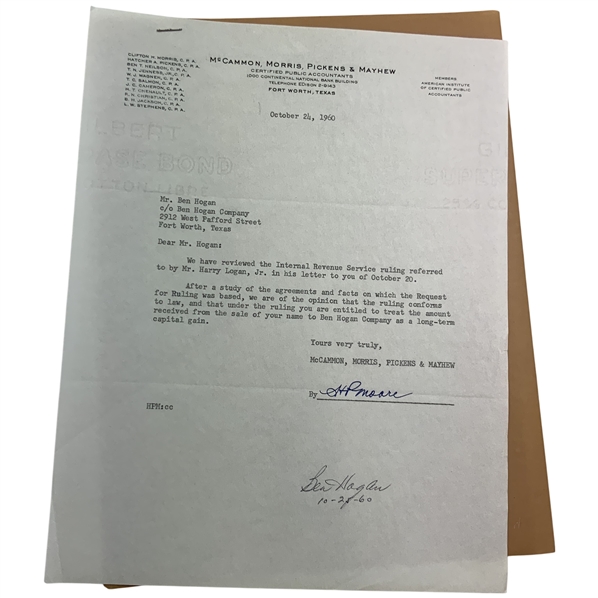 Ben Hogan Signed & Dated 1960 Letter Signed to Hogan regarding the Hogan Co. JSA ALOA