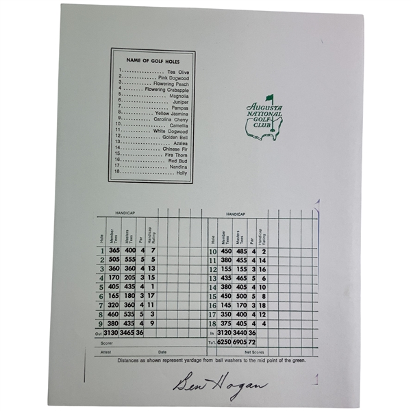 Ben Hogan Signed Augusta National Replica Scorecard Print JSA ALOA