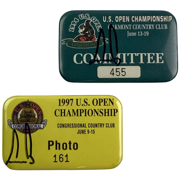 Ernie Els Signed 1994 & 1997 US Open Golf Committee & Photographer Badges JSA ALOA