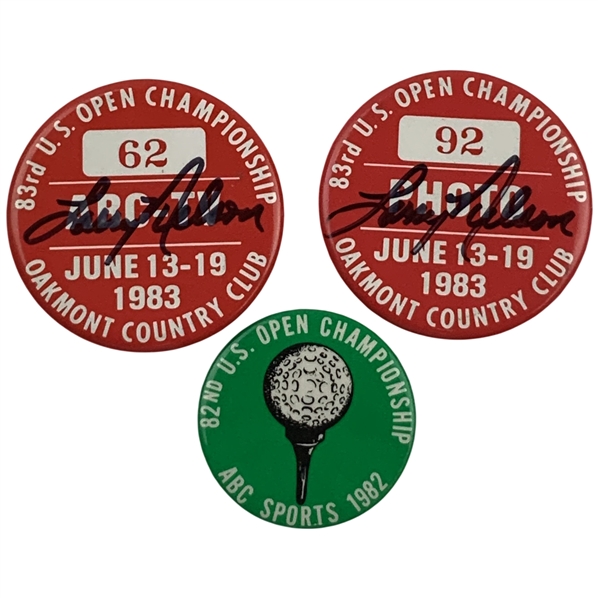 (2) Larry Nelson Signed 1983 US Open Badges w/1982 US Open ABC Badge from Duel in the Sun JSA ALOA