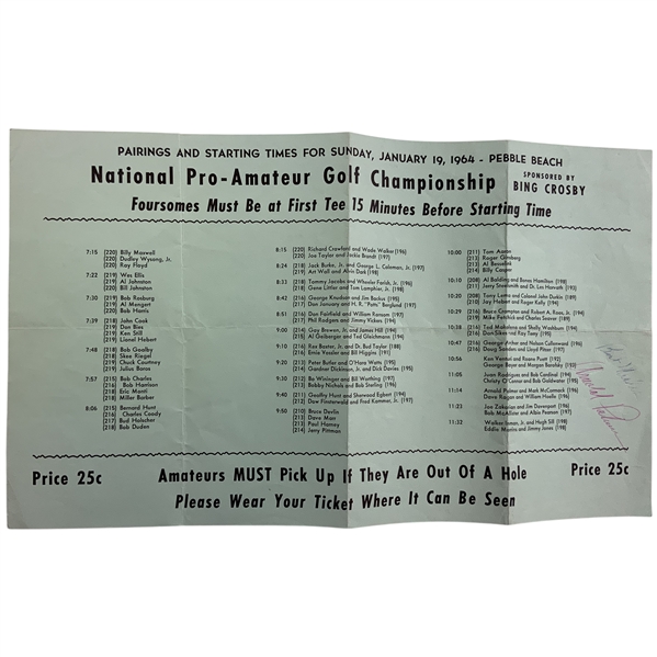 Arnold Palmer Signed 1964 National Pro- Amateur Golf Championship at Pebble Beach Pairing Sheet JSA ALOA