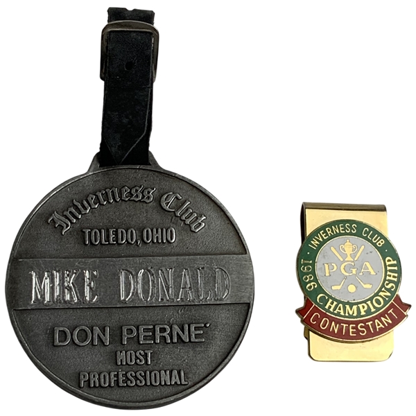 Mike Donalds 1986 PGA Championship at Inverness Club Contestant Badge & Bag Tag