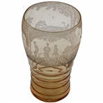Vintage Cambridge Amber Glass Tumbler with Etched Golfing Scene and Ribbed Base