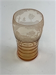 Vintage Cambridge Amber Glass Tumbler with Etched Golfing Scene and Ribbed Base