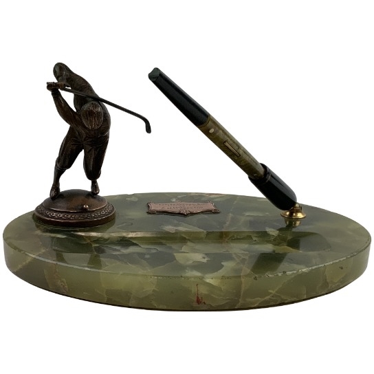 1930 Sheaffer Fountain Pen Art Deco Executive Desk Set with Bronze Golfer Figure on  Green Onyx Base